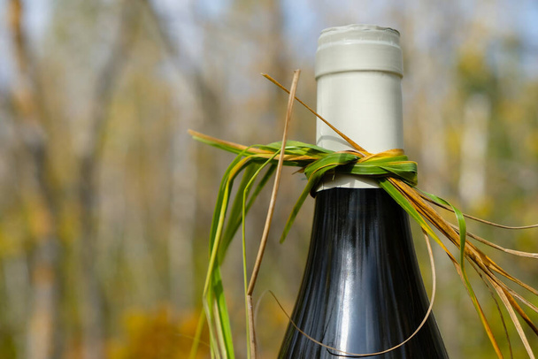 Biała butelka wina ozdobiona suchą trawą na rozmytym jesiennym tle. Przestrzeń kopiowania. - Zdjęcie, obraz