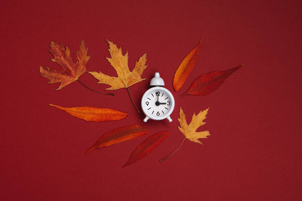 Reloj despertador blanco y hojas naranjas de otoño sobre fondo rojo. Cambio de horario de otoño, el horario de verano termina, el cambio de hora en el reloj a la hora de invierno, el concepto de retroceso. - Foto, imagen