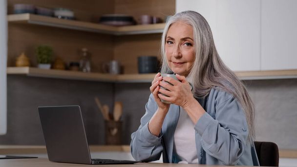 Caucasian businesswoman housewife senior freelancer mature lady sitting at home kitchen holds cup of tea or hot coffee in hands keeps warm works on laptop chatting online turns head at camera smiling - Foto, Imagen