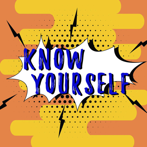 Schilder mit "Know Yourself", Schaufenster "Business" finden, dass Sie Stärken und Schwächen verstehen - Foto, Bild