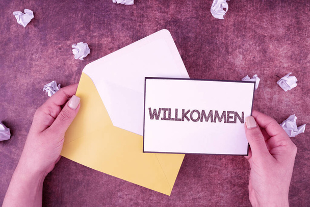 Handwriting text Willkommen, Business showcase welcoming showing event or your home something to that effect - Photo, Image