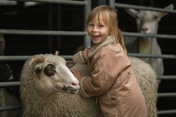 Schattig klein meisje knuffelt schattig wit schaap in de landbouwgrond. gelukkig klein Kaukasisch meisje aaien een schaap op de boerderij - Foto, afbeelding