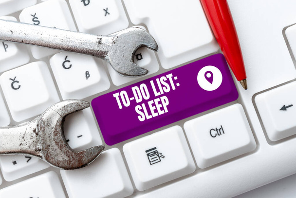 Teksti kuvateksti esittää To Do List SleepAsiat, jotka on tehtävä Ensisijainen tavoite on levätä, Sana Kirjoitettu Tehtävät Ensisijainen tavoite on levätä - Valokuva, kuva