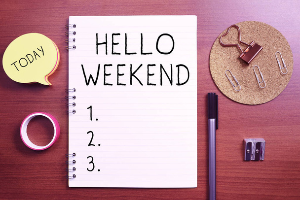 Подпись к концепции Hello Weekend, Business showcase Getaway Adventure Friday Positivity Relaxation Invitation - Фото, изображение