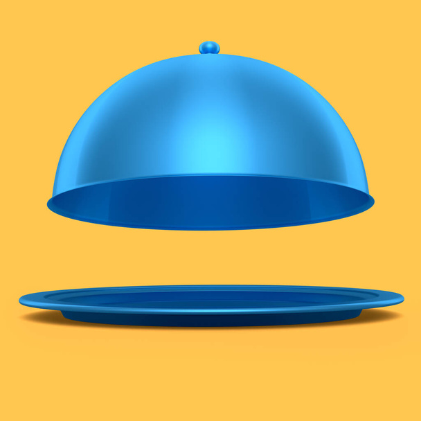 Silver tray with cloche ready to serve isolated on yellow background. 3d render service, restaurant, horeca and first class service concept - Foto, Imagem