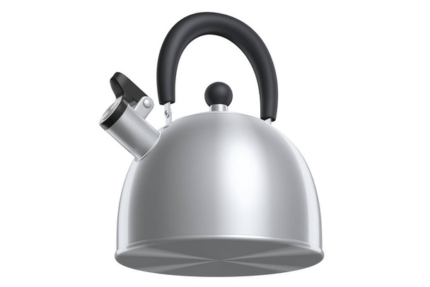 Stainless steel stovetop kettle with whistle isolated on white background. 3d render of home kitchen tools and utensil like teapot - 写真・画像