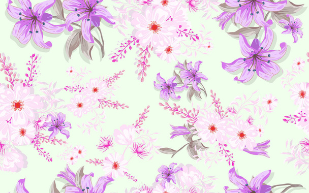 Plné bezešvé lilium heřmánku květinový vzor pozadí pro potisk tkaniny. Ditsy illustration. Fialové lilie a sedmikrásky květy listy vektorový design pro ženy šaty a textil. - Vektor, obrázek