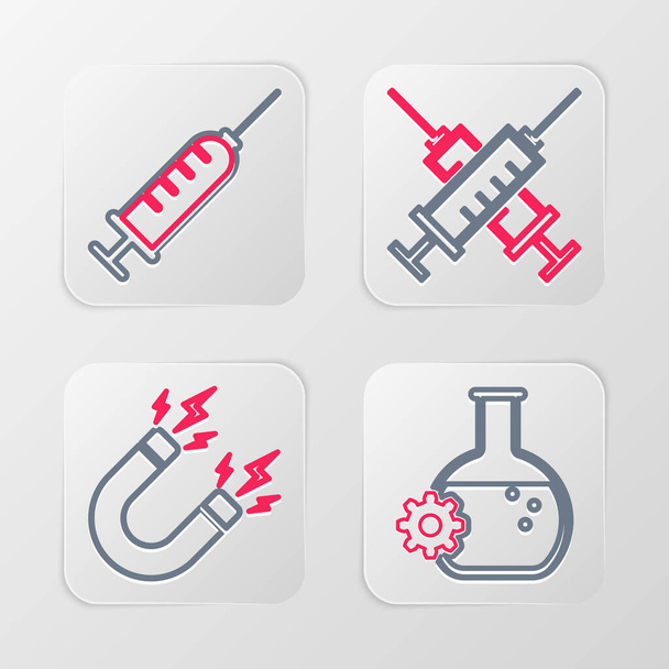 Set line Bioengineering Magnet with lightning Crossed syringe and Syringe icon. Vector. - Vector, Image