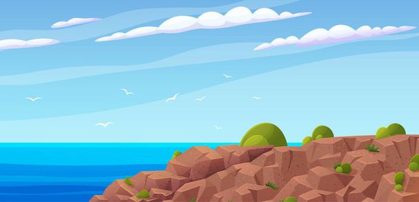 Seascape with rocks vector illustration. Landscape of nature, plants, flora of natural area. Outdoor recreation place with coastline abstract panoramic view. Ocean rocky shore with beautiful scenery - Vettoriali, immagini