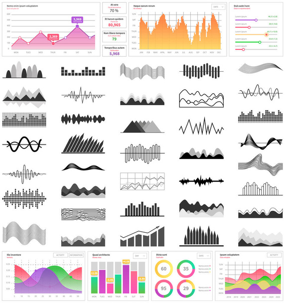 Infographic chart vector template. Annual statistics curve graph design. Market data diagrams. Graphic information visualization and analysis. Statistical indicators and frequency of data changes - Vecteur, image