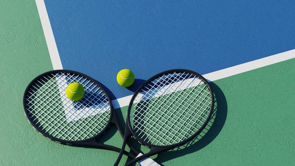 δύο ρακέτα τένις και μπάλα στο γήπεδο, 3d απόδοση - Φωτογραφία, εικόνα