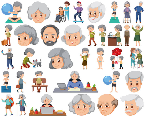 Collection of elderly people icons illustration - Vector, Image