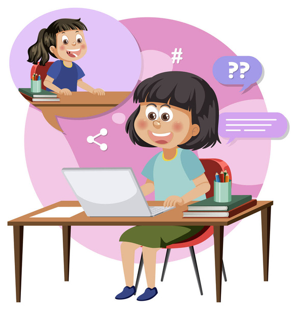 Une fille bavarder avec son ami sur l'illustration de l'ordinateur portable - Vecteur, image