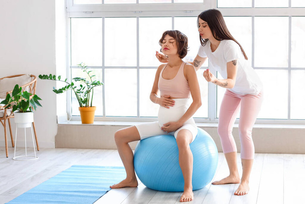 Mujer joven y su esposa embarazada entrenando con fitball en casa - Foto, imagen