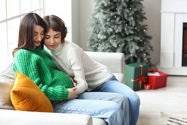 Young pregnant woman with her wife at home on Christmas eve - Φωτογραφία, εικόνα