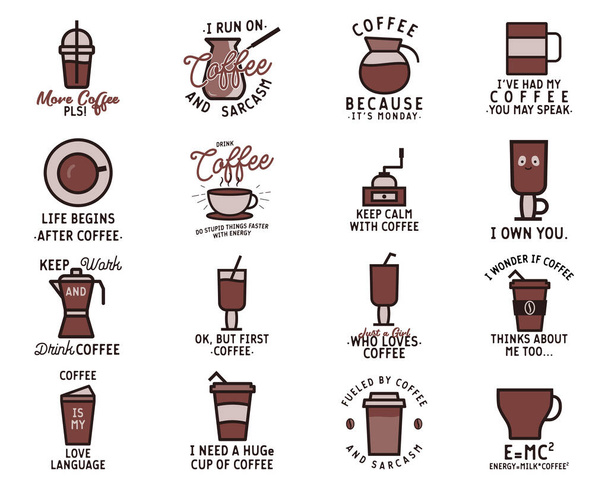 Set of flat style illustrations with various coffee cups and funny inscriptions against white background - Photo, Image