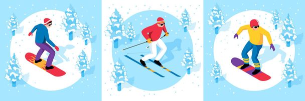 スポーツマンスキーとスノーボードの絶縁ベクトルイラストがセットされた等角スキーリゾートのコンセプト - ベクター画像