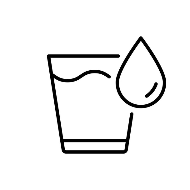 Glas Wasser mit Tropfenliniensymbol. Trinkglasumriss Piktogramm vorhanden. Gläserne Ikone für sauberes Wasser. Essbarer Schlaganfall. Vektorillustration. - Vektor, Bild