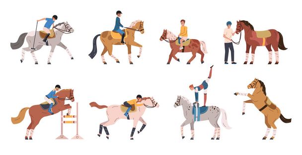 Juego plano de deportes ecuestres con adultos y niños practicando equitación ilustración vectorial aislada - Vector, Imagen