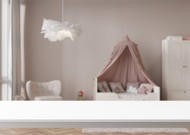 Κενό λευκό τραπέζι κορυφή και θολό παιδικό δωμάτιο εσωτερικό στο παρασκήνιο. Αντιγραφή χώρου για το αντικείμενο σας, παρουσίαση του προϊόντος. 3D απόδοση - Φωτογραφία, εικόνα