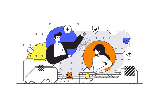 Cyberspace management web concept in flat outline design with characters. Man and woman interacts with online storage system, manage digital files and documents, people scene. Illustration. - Photo, Image