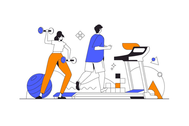 Fitness és tornaterem web koncepció lapos vázlatos design karakterekkel. A nő súlyzókkal gyakorol, a férfi futópadon fut. Erő és kardio edzés, emberi jelenet. Illusztráció. - Fotó, kép