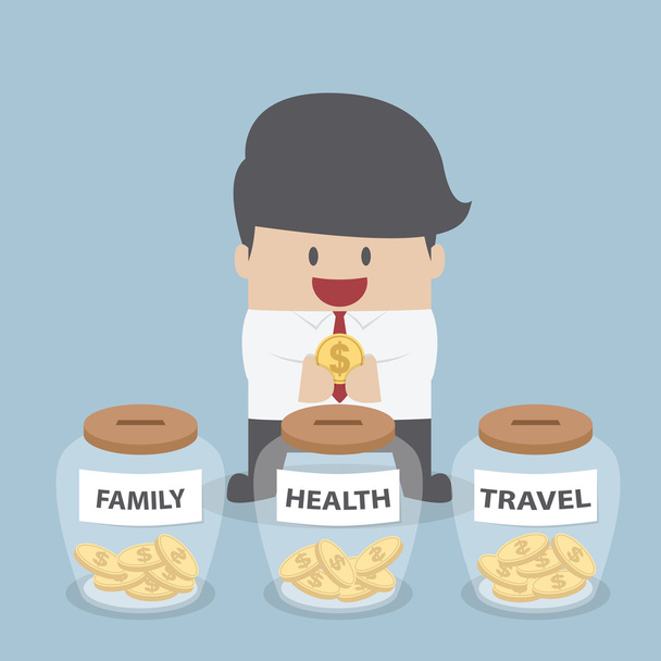 Empresário colocando moeda em Família, Saúde, Garrafa de viagem, Fin
 - Vetor, Imagem