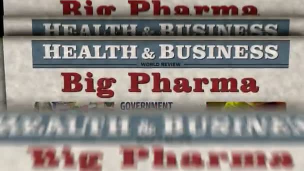 Big Pharma, health care, pharmaceutical industry and medical business vintage news and newspaper printing. Abstract concept retro headlines 3d. - Footage, Video