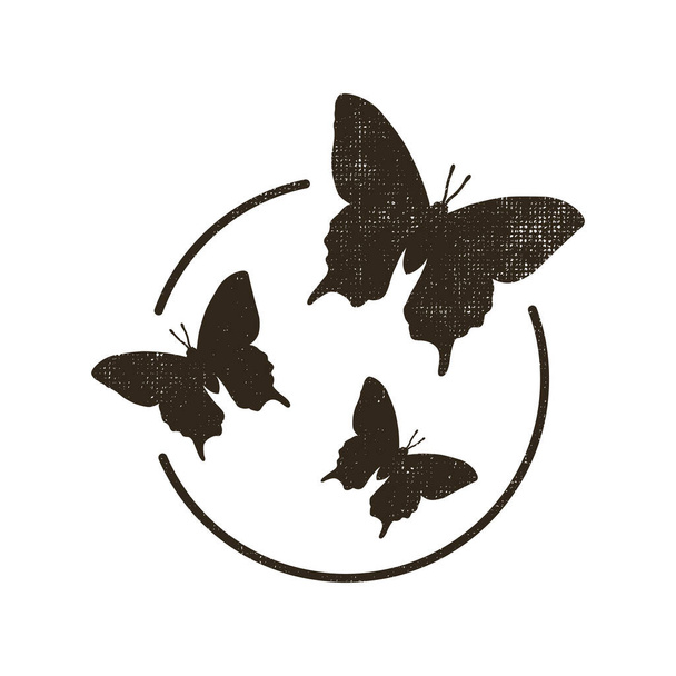 Чорно-білий старовинний знак для друку трьох літаючих метеликів
 - Вектор, зображення