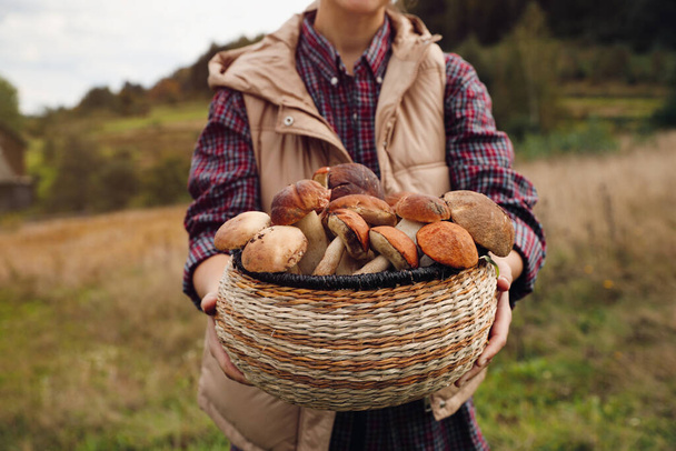 Woman holding wicker basket with fresh wild mushrooms outdoors, closeup - Zdjęcie, obraz
