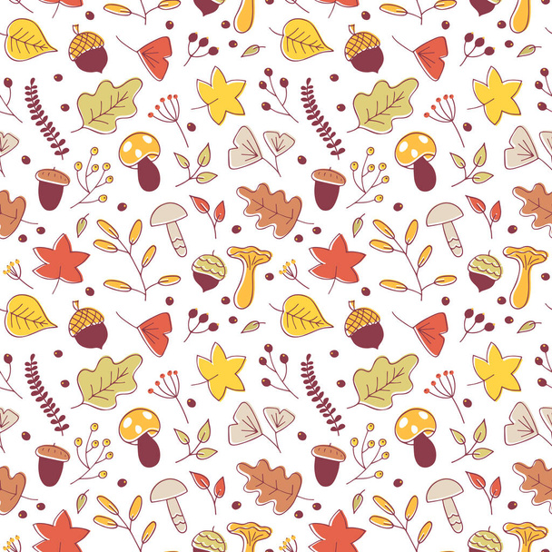 Vector seamless pattern of autumn leaves, acorns, twigs, branches, mushrooms and berries. Abstract background of cute hand drawn plants, doodle botanical elements. Thanksgiving and Harvest Day. Season illustration, leaf fall - Vektor, kép