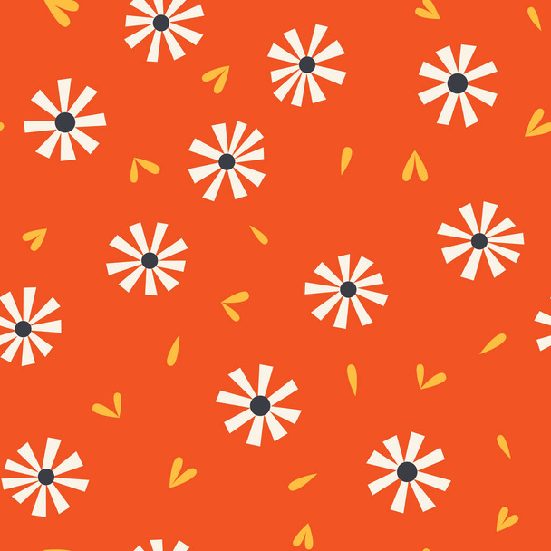 Seamless pattern with blossom daisies floral with yellow leaves and little hearts on orange background. Simple flowers and bright seamless background. Happy print for textile, home nursery wallpaper. - Vektori, kuva