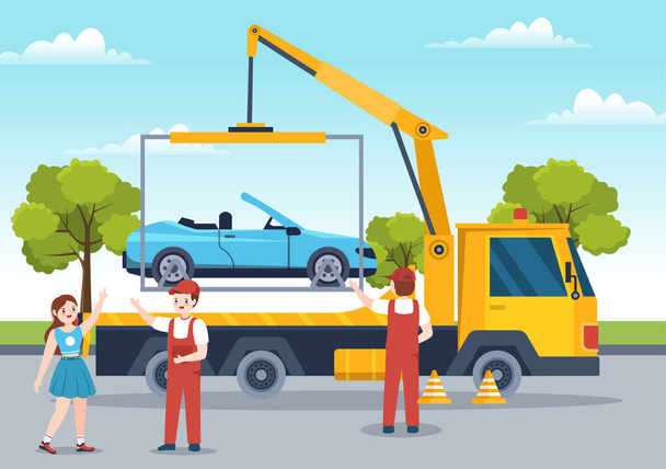 Auto tahač pomocí kamionu se silniční asistenční služby v šabloně ručně kreslené karikatury ploché pozadí ilustrace - Vektor, obrázek