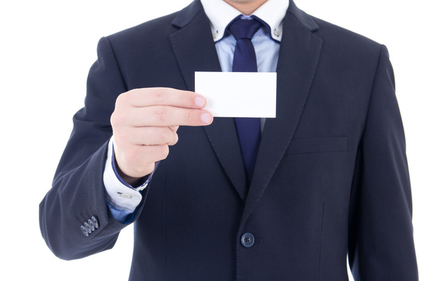 男性の手が白で隔離のビジネス カード - 写真・画像