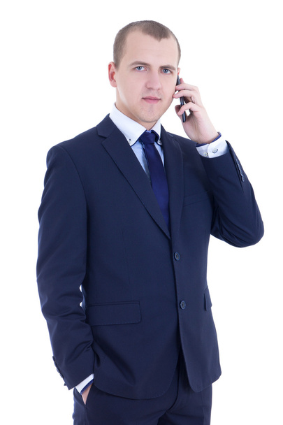 hombre de negocios joven llamando en el celular aislado en blanco - Foto, imagen