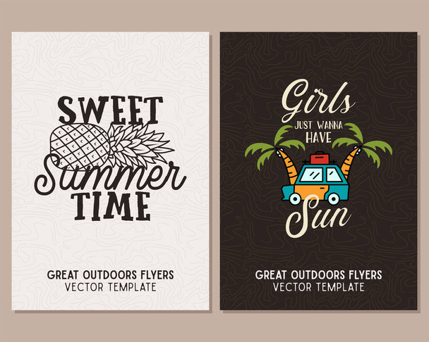 Camping flyer templates. Travel adventure posters set with line art and flat emblems and quotes - sweet summer time. Summer A4 cards for outdoor parties. Stock . - Photo, Image