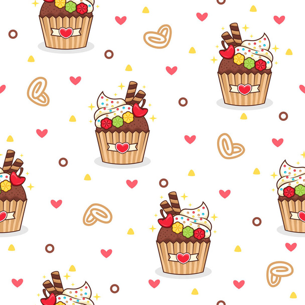 かわいいバニラカップケーキ漫画のベクトルパターンの背景 - ベクター画像