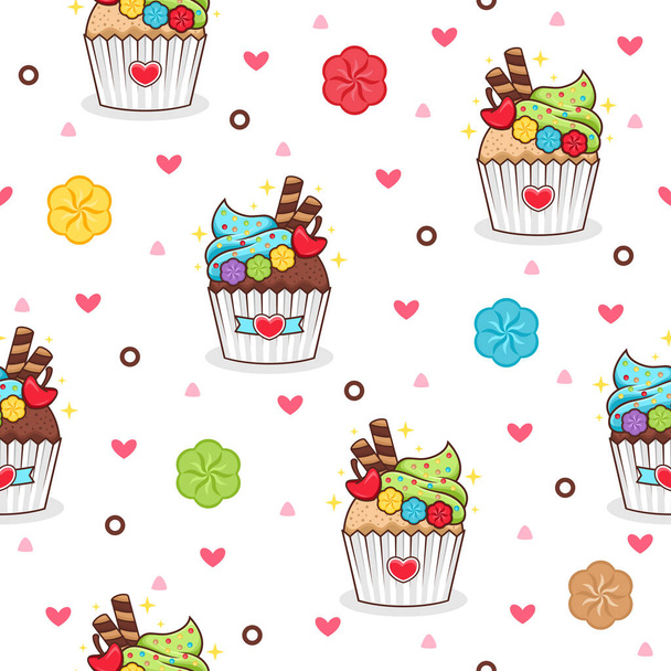 かわいいカップケーキの漫画のベクトルパターンの背景 - ベクター画像