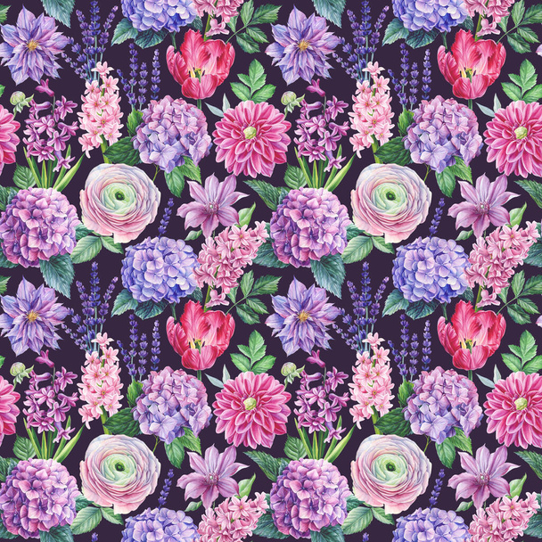 Watercolor spring flowers, botanical illustration. Floral seamless pattern. High quality illustration - Fotó, kép
