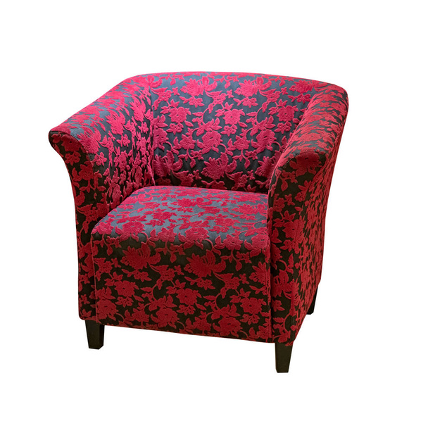 Kırmızı, kırmızı çiçek desenli siyah kadifede klasik koltuk arkası deco tarzı ve kırpma yolu olan beyaz arka planda izole edilmiş siyah tahta bacaklar. Mobilya serisi - Fotoğraf, Görsel