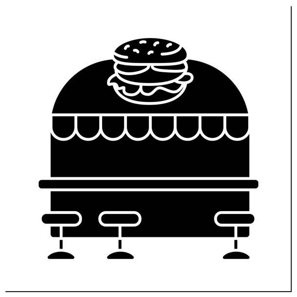  Cafe glyph icon. Fast food restaurant. Place with special menu consist of sandwiches, burgers and other unhealthy dishes. Fast food concept.Filled flat sign. Isolated silhouette vector illustration - Vector, Image