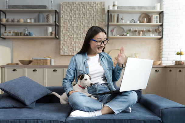 Молода красива азіатська жінка вдома сидить на дивані і розмовляє на відео викликом за допомогою ноутбука, жінка з цуценятом Россел тер'єр розмовляє з друзями дистанційно
. - Фото, зображення