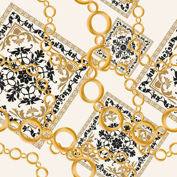 Nahtloses Muster mit Edelsteinen, Goldketten und Perlen. - Vektor, Bild