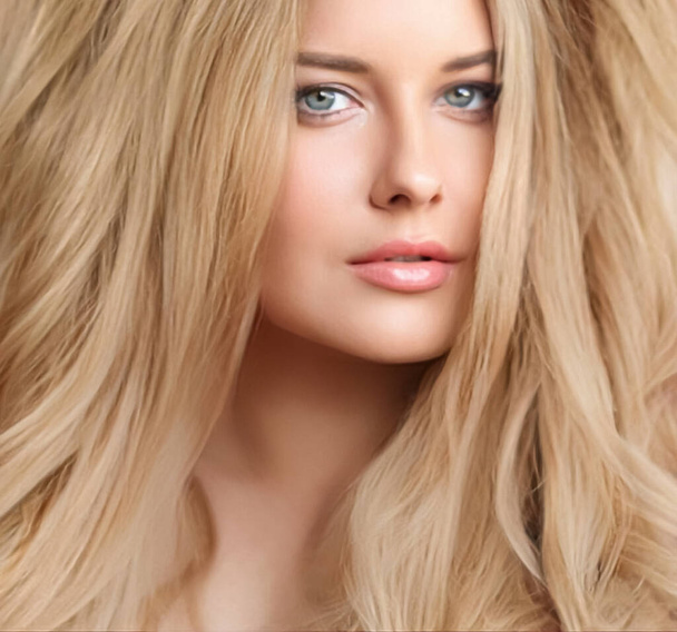 Зачіска, краса і догляд за волоссям, красива блондинка з довгим світлим волоссям, гламурний портрет для перукарні та бренду догляду за волоссям
 - Фото, зображення