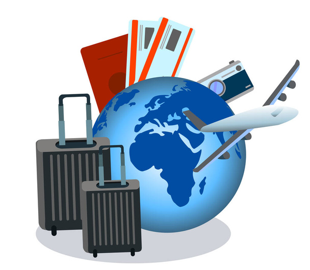 bavullar ve uçaklar reklam medyası turizmi ve tüm nesneler için pasaporta yerleştirildi - Vektör, Görsel