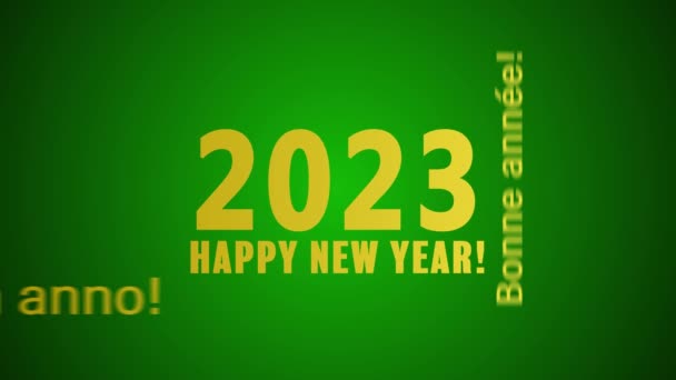 緑の背景と異なる言語で金で新年を祝うメッセージとワードクラウドのビデオアニメーション-は、新しい年を表します2023 - 映像、動画