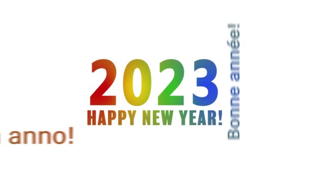 Animation vidéo d'un nuage de mots avec le message bonne année en coloré sur fond blanc et dans différentes langues - représente la nouvelle année 2023 - Séquence, vidéo
