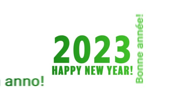 Animation vidéo d'un nuage de mots avec le message bonne année en vert sur fond blanc et dans différentes langues - représente la nouvelle année 2023 - Séquence, vidéo