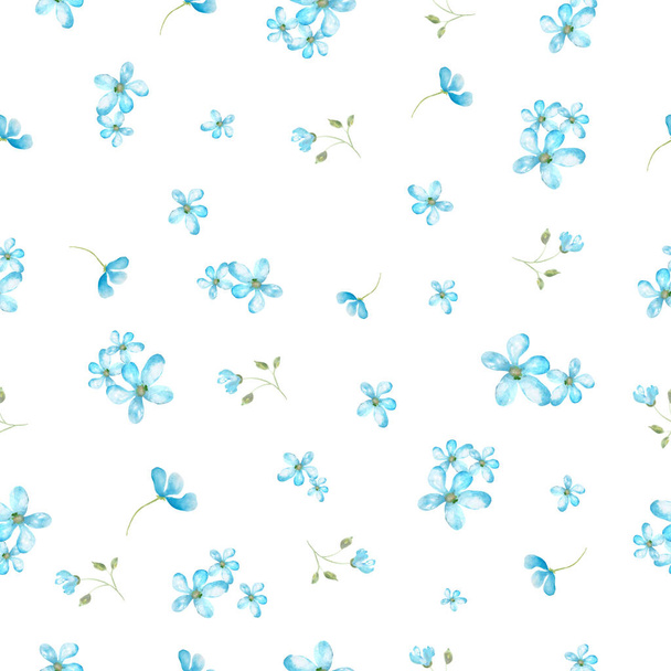 Watercolor gentle seamless pattern with abstract blue flowers, leaves and brunches. Hand drawn floral illustration on white background. For interior, packaging, wrapping design, wall art or print. - Photo, Image