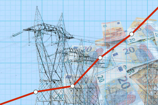 Абстрактный финансовый график с восходящей линией цен на электроэнергию на банкнотах евро и пилонах электроэнергии. Концепция экспоненциального увеличения затрат на электроэнергию - Фото, изображение